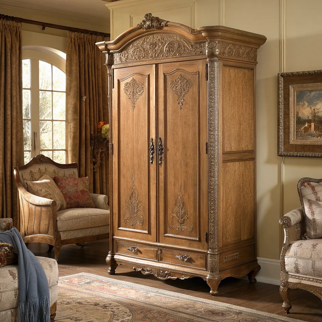 Elegant vintage armoire in a cozy room setting